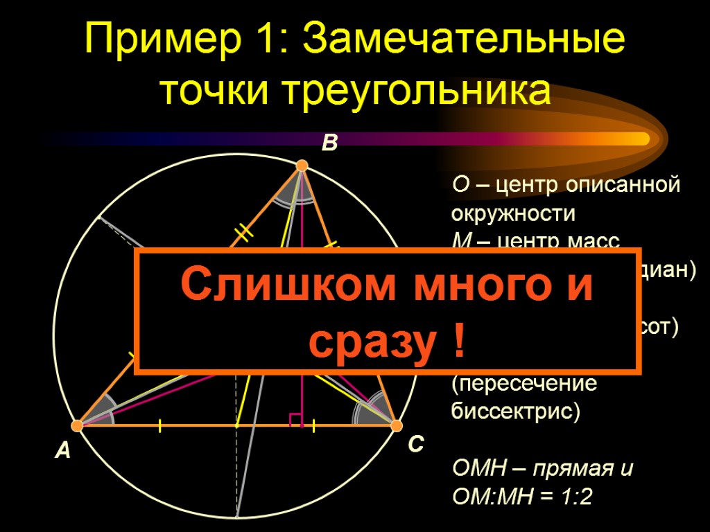 Пример 1: Замечательные точки треугольника A B C O M H I O –